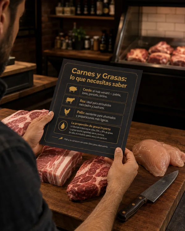 Persona leyendo la guía impresa de carnes y grasas